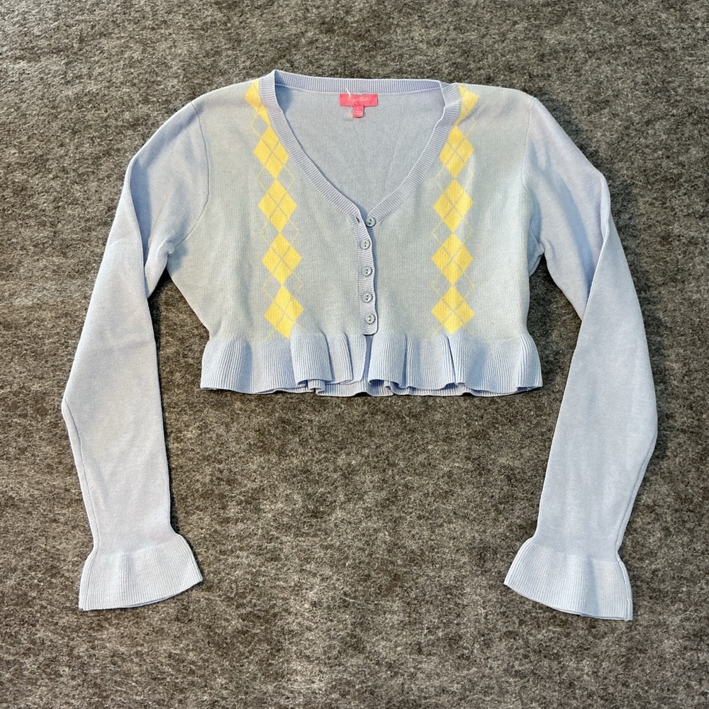 Sugar Thrillz Light Blue Cardigan with Yellow Argyle Pattern Size L